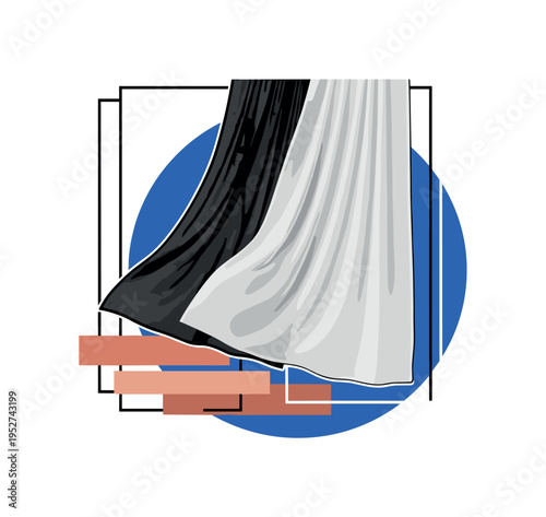 Black and white sheer linen curtains flowing gently as if moved by wind, bold cobalt blue circular halo behind the fabric like a stylized window light, soft