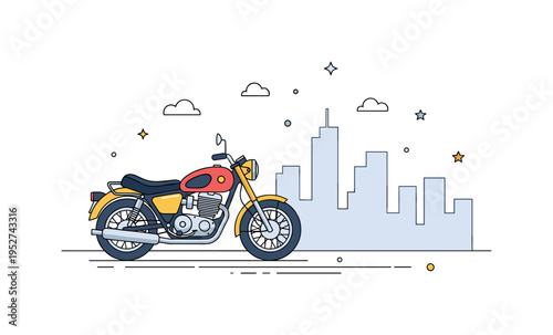 Urban vintage rider lifestyle showing a retro motorcycle parked near a simple city skyline silhouette with subtle star accents, expressing freedom within the