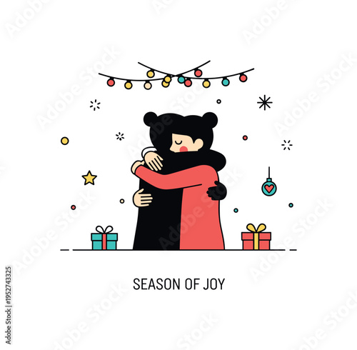 Holiday celebration embrace illustrated through two silhouettes hugging beneath a small string of festive lights. A short ?Season of Joy? text detail
