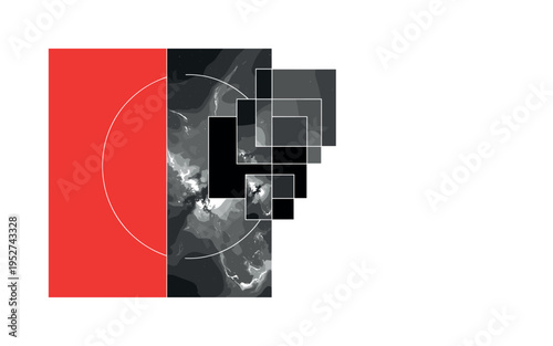 Monochrome close-up of dense interstellar gas textures, intersected by a large red semicircle and abstract rectangular blocks symbolizing stellar formation