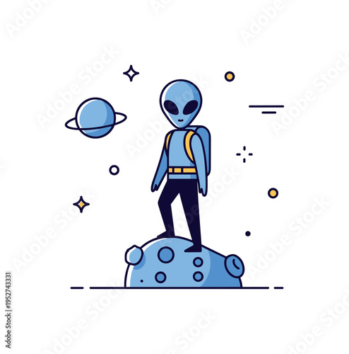 Intergalactic traveler stylized alien silhouette standing on a small asteroid with distant planet in the background, expressing exploration and life beyond