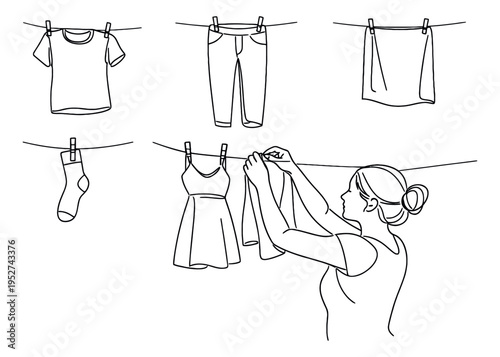 Hand drawn line art laundry set featuring a woman hanging clothes and various garments on a line for daily chores