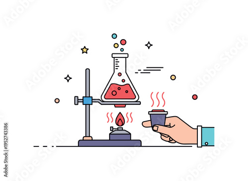Laboratory experiment setup conical flask on a stand with small burner flame beneath and subtle heat lines, expressing hands on scientific process. Minimalist