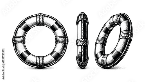 Life buoy ring A circular life buoy ring with rope detailing wrapped around the perimeter, presented in front view, side thickness view, and angled perspective