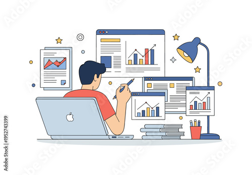 Workspace with open laptop, documents, and digital graphs, showing focus and creativity in designing a compelling work presentation. Minimalist flat vector
