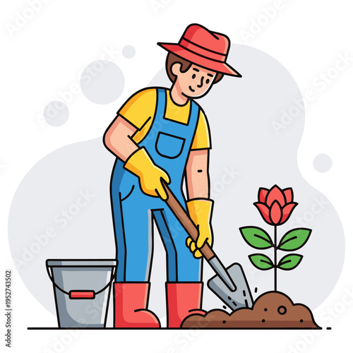 Gardener digging soil planting flower in outdoor garden bed. non editable strokes