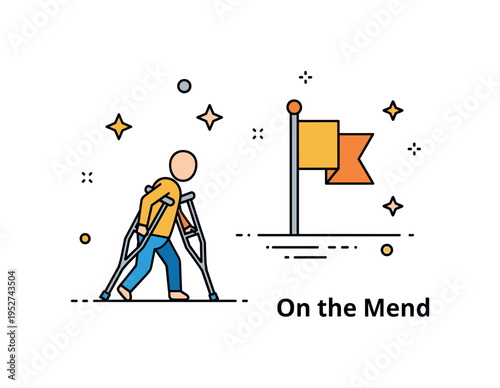 Person using crutches rehabilitation journey concept featuring a small figure walking forward with crutches toward a minimal flag icon, symbolizing healing