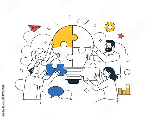 Building Ideas as a Team. Several characters assembling puzzle pieces that form a lightbulb or creative symbol in the center. Hands lifting pieces together