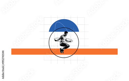 Black and white jump rope forming perfect circle around athlete mid-jump, bold blue semicircle framing upper portion of composition, orange horizontal stripe
