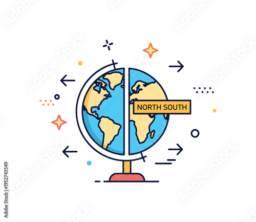 Geographic education concept featuring a simple split globe with a small label reading North South, reinforced by minimal directional arrow icons. The compact