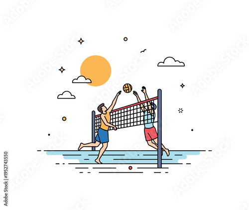 Beach volleyball silhouette against horizon theme showing two players blocking at the net with a large sun circle and gentle ocean line beneath, expressing