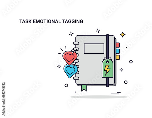 Task emotional tagging mental health productivity idea illustrated by a notebook icon with colored tags shaped like hearts and lightning bolts attached to its