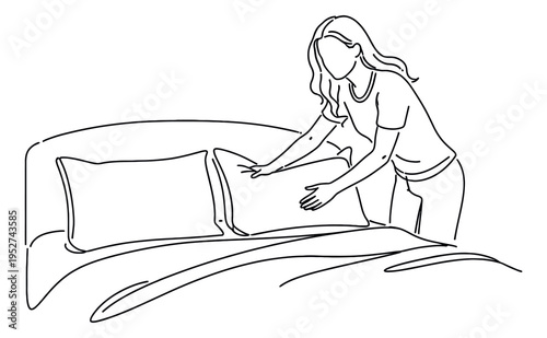 Hand drawn line art illustration of a woman depicting making a bed for daily routine