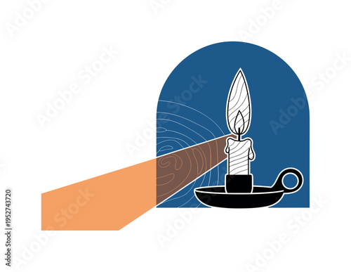 Black and white minimalist candle holder with elongated flame, large blue semicircle framing upper half like tranquil aura, orange diagonal stripe softened to