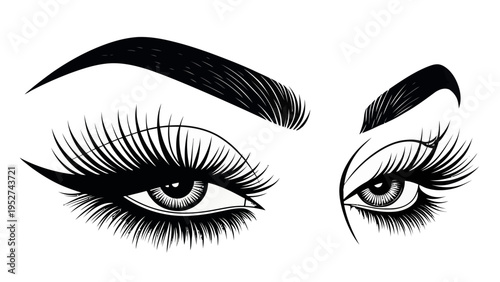 Vector eyelash and eyebrow silhouettes in black on white background for makeup and beauty designs