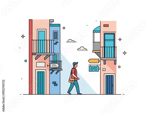 Historic alley exploration illustrated with a traveler carrying a small bag walking between tall narrow buildings with decorative balconies, symbolizing