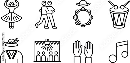 Set of isolated outline icons representing latin american carnival dance and music elements, part two