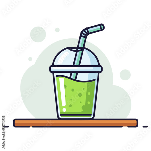 Green smoothie cup with straw placed on wooden tray. non editable strokes