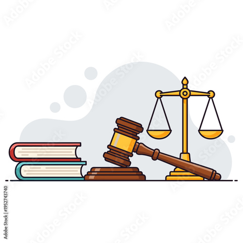 Gavel and scales beside law books on white background. non editable strokes