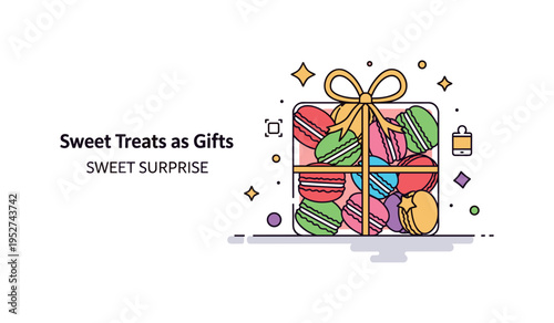 Sweet treats as gifts festive dessert box concept illustrated by a neatly wrapped gift box filled with colorful macarons and tied with a soft ribbon bow. The