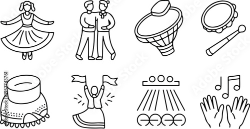 Set of isolated outline icons representing latin american carnival dance and music elements
