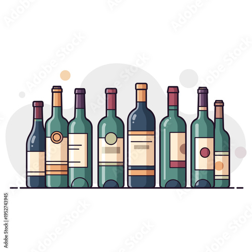 Row of assorted wine bottles standing on tabletop with labels. non editable strokes