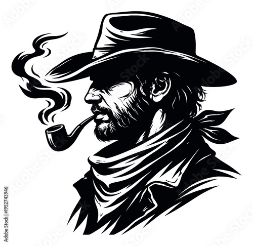 Monochrome hand drawn illustration of a cowboy depicting smoking a pipe for western themes