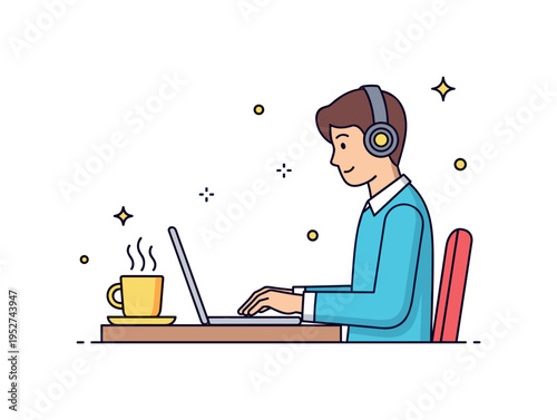 Remote worker at a cozy cafe table typing on a laptop beside a steaming mug symbolizing productivity and relaxed atmosphere. Gentle steam lines and tiny