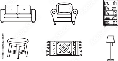 A collection of black and white line art icons representing various pieces of indoor home furniture