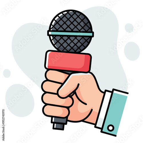 Hand holding microphone for interview on white background. non editable strokes