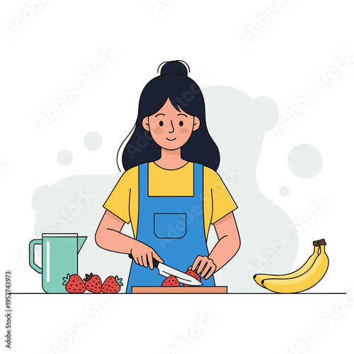 Young woman chopping fruit on kitchen counter with banana nearby. non editable strokes