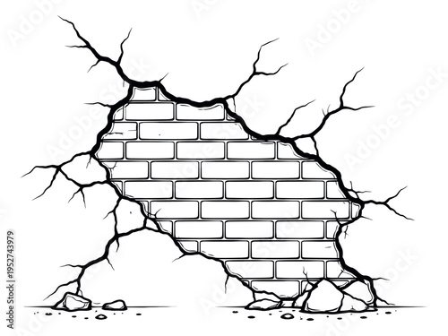 Line art illustration of a damaged wall depicting cracks and exposed brickwork for building renovation