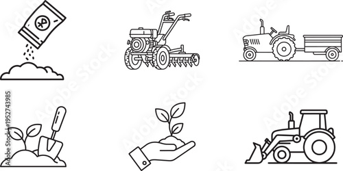 A collection of agriculture and farming icons illustrating planting equipment and heavy machinery