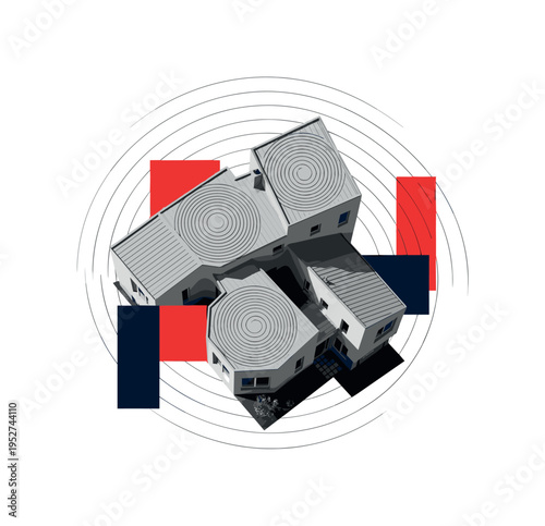 Black and white rooftop view of irregularly shaped house volumes arranged dynamically, concentric circles mapping spatial flow, bold red and navy