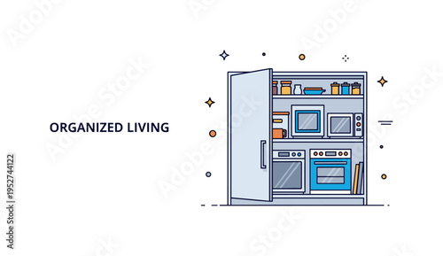 Modern kitchen interior solution concept featuring a sleek cabinet door partially open revealing organized large appliances inside, expressing hidden storage