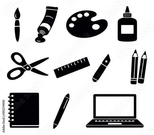 Simple graphic art and craft supplies set featuring paint, pencils, and a laptop for education and creativity