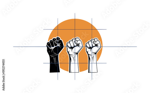 A monochrome raised fists of different genders aligned at the same height, oversized flat circle behind representing shared strength, thin intersecting grid