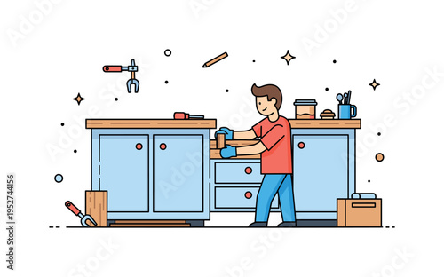 Installing a wooden countertop in a kitchen with tools and cabinets around, showing craftsmanship, careful handling, and home improvement activity. Minimalist