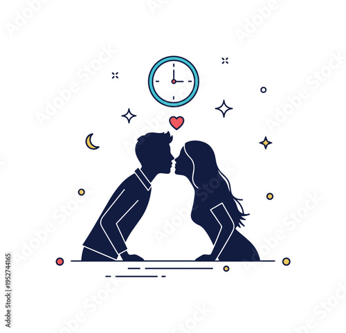 Midnight kiss two silhouettes leaning toward each other beneath a simple clock striking twelve with subtle star accents around. A romantic editorial scene