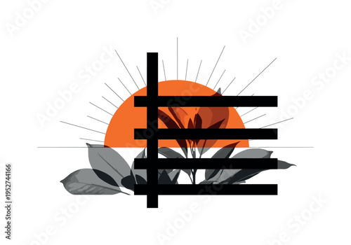 black and white plant leaves overexposed by sunlight, orange half-circle backdrop and black geometric bars creating contrast, thin linear rays extending