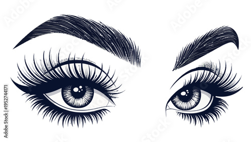 Detailed vector illustration of a woman's eye with long eyelashes and perfectly shaped eyebrows on white background for beauty