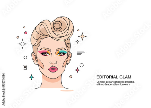 Runway inspired beauty shoot featuring a model with sculptural hairstyle and sharp color blocked makeup. Subtle star accents and a short ?Editorial Glam?