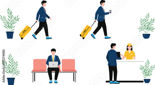 Businessman traveling with yellow suitcase, working on laptop in airport lounge, and checking in at hotel reception desk isolated (20 words)