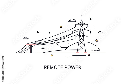 High voltage wires rural transmission line scene with a minimal horizon curve and a single pylon standing against open space, symbolizing connectivity across