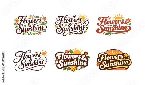 Flowers And Sunshine. Set lettering. harmonious lettering variations of the same emblematic concept, each with different artistic interpretation (Decorative