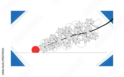 Black and white autumn branch with multiple maple leaves arranged diagonally, bright red circle low on horizon like seasonal accent, thin contour lines