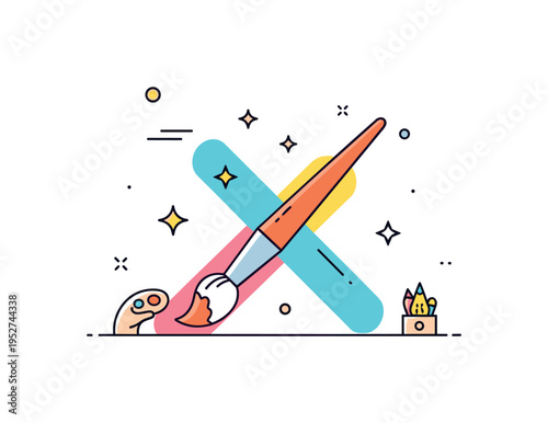 Creative studio inspiration scene featuring a stylized paintbrush crossing a bright color palette with subtle sparkle accents, symbolizing artistic process and