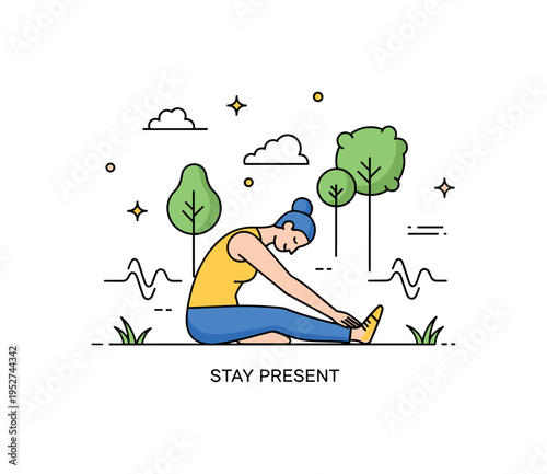 Mindful stretching among trees concept centered on a seated forward bend with soft grass accents. Subtle breathing wave lines and a ?Stay Present? text detail