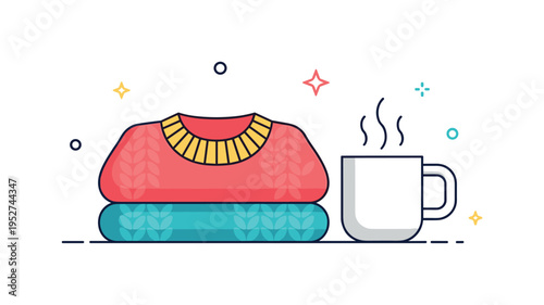 Cozy home evening sweater scene showing a folded knit sweater beside a simple mug silhouette with gentle steam lines, expressing relaxation and warmth indoors.