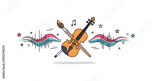 The relationship between art and music visual dialogue between a paintbrush and a violin crossing in the center, their flowing strokes transforming into